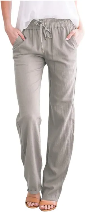 Womens Casual Cotton Linen Pants Lightweight Summer Lounge Pants Elastic Waist Plus Size Long Trousers with Pockets