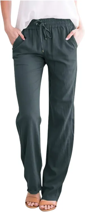 Womens Casual Cotton Linen Pants Lightweight Summer Lounge Pants Elastic Waist Plus Size Long Trousers with Pockets