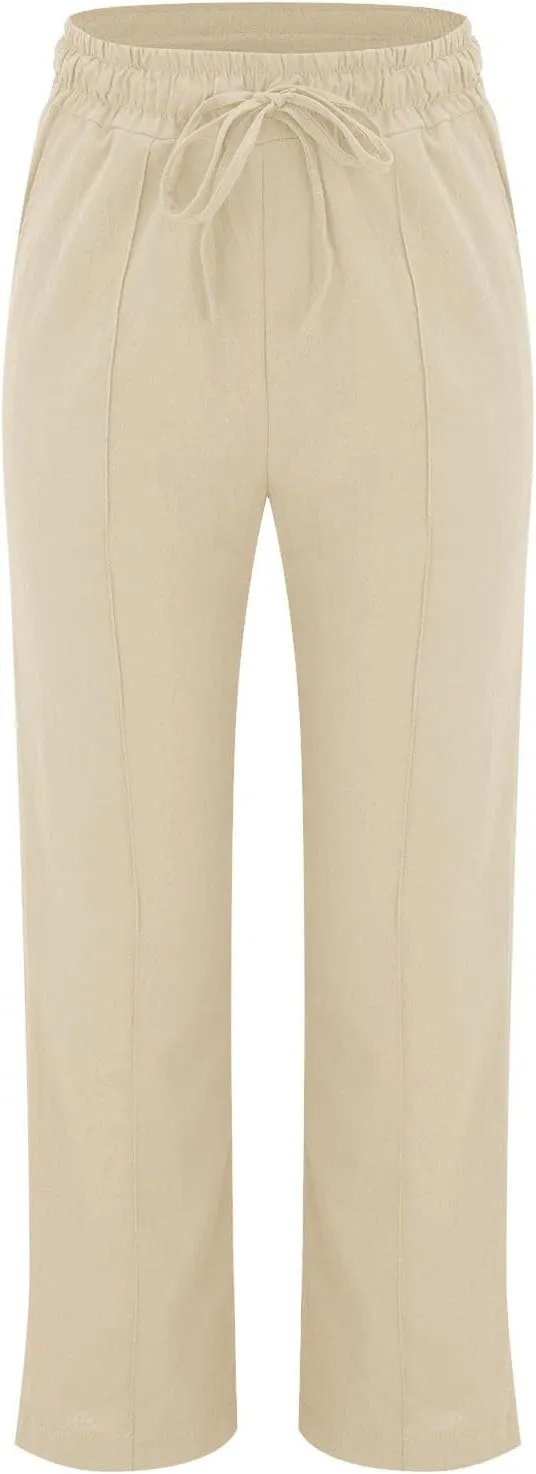Womens Casual Cotton Linen Pants Lightweight Summer Relax Fit Elastic Waist Plus Size Solid Lounge Long Trousers