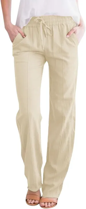 Womens Casual Cotton Linen Pants Lightweight Summer Relax Fit Elastic Waist Plus Size Solid Lounge Long Trousers