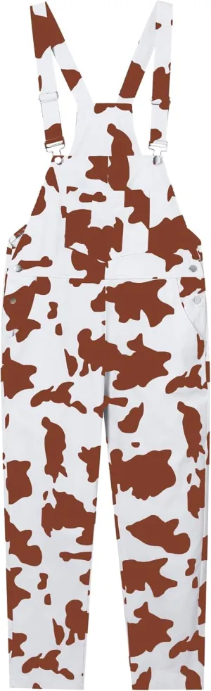 Women's Casual Cow Print Bib Overalls Cotton Pocketed Wide Leg Pants Jumpsuits