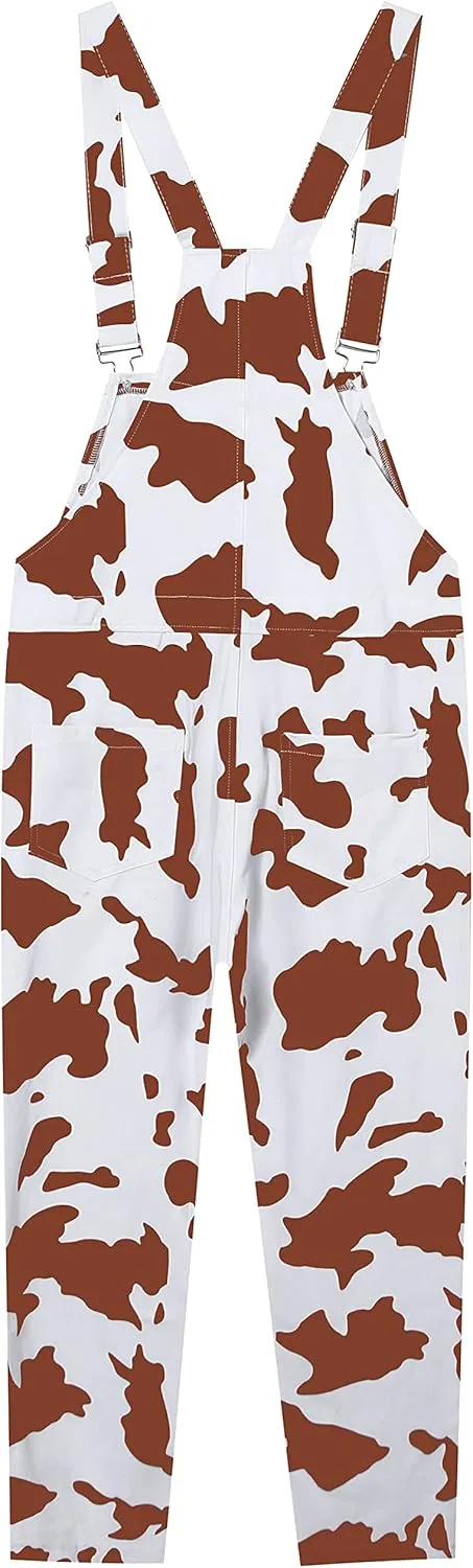 Women's Casual Cow Print Bib Overalls Cotton Pocketed Wide Leg Pants Jumpsuits