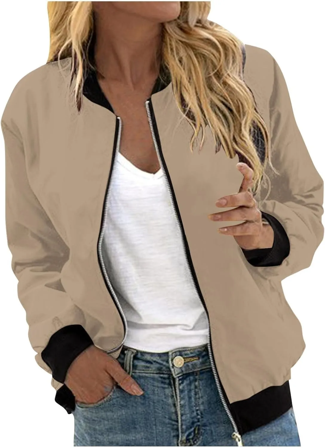 Women's Casual Floral Zip Up Bomber Jacket Long Sleeve Coat Stand Collar Lightweight Short Outwear Tops