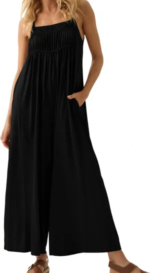 Women's Casual Jumpsuits Sleeveless Stretchy Overalls Wide Leg Long Pant Rompers With Pockets