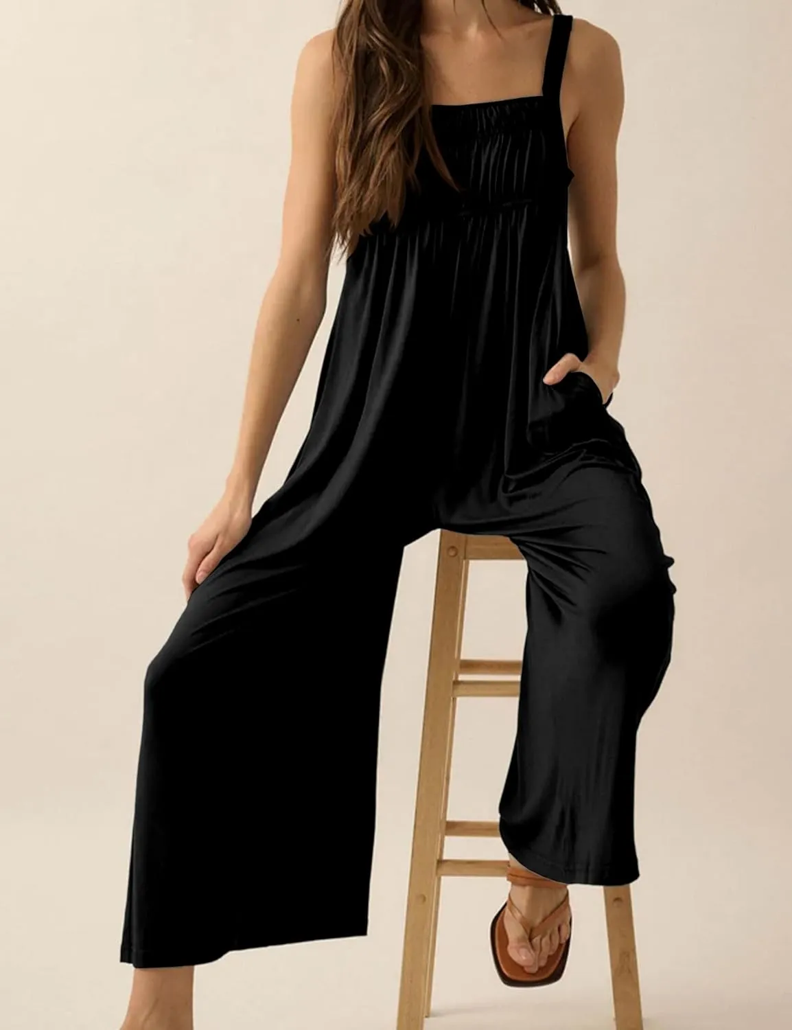 Women's Casual Jumpsuits Sleeveless Stretchy Overalls Wide Leg Long Pant Rompers With Pockets