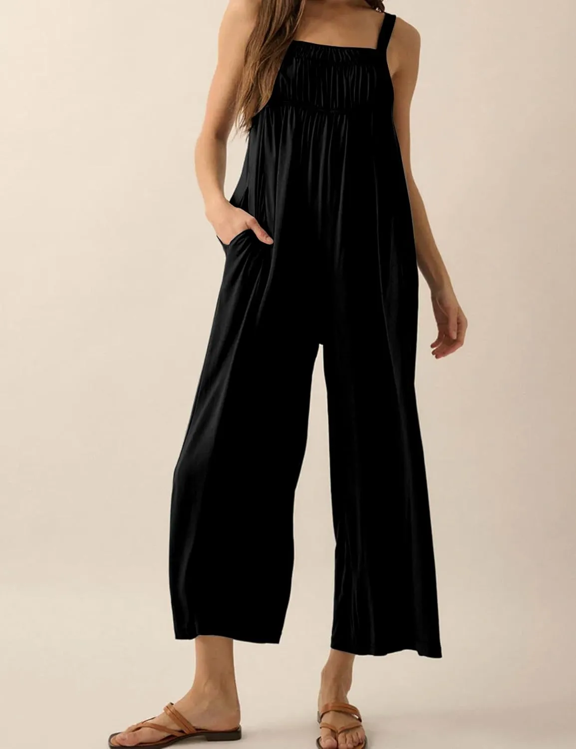 Women's Casual Jumpsuits Sleeveless Stretchy Overalls Wide Leg Long Pant Rompers With Pockets