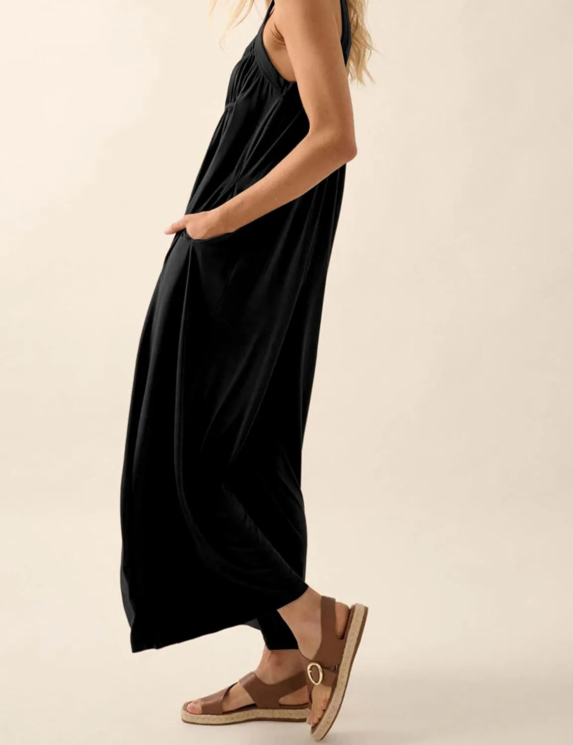 Women's Casual Jumpsuits Sleeveless Stretchy Overalls Wide Leg Long Pant Rompers With Pockets