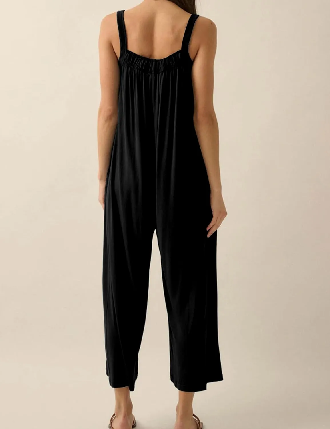 Women's Casual Jumpsuits Sleeveless Stretchy Overalls Wide Leg Long Pant Rompers With Pockets