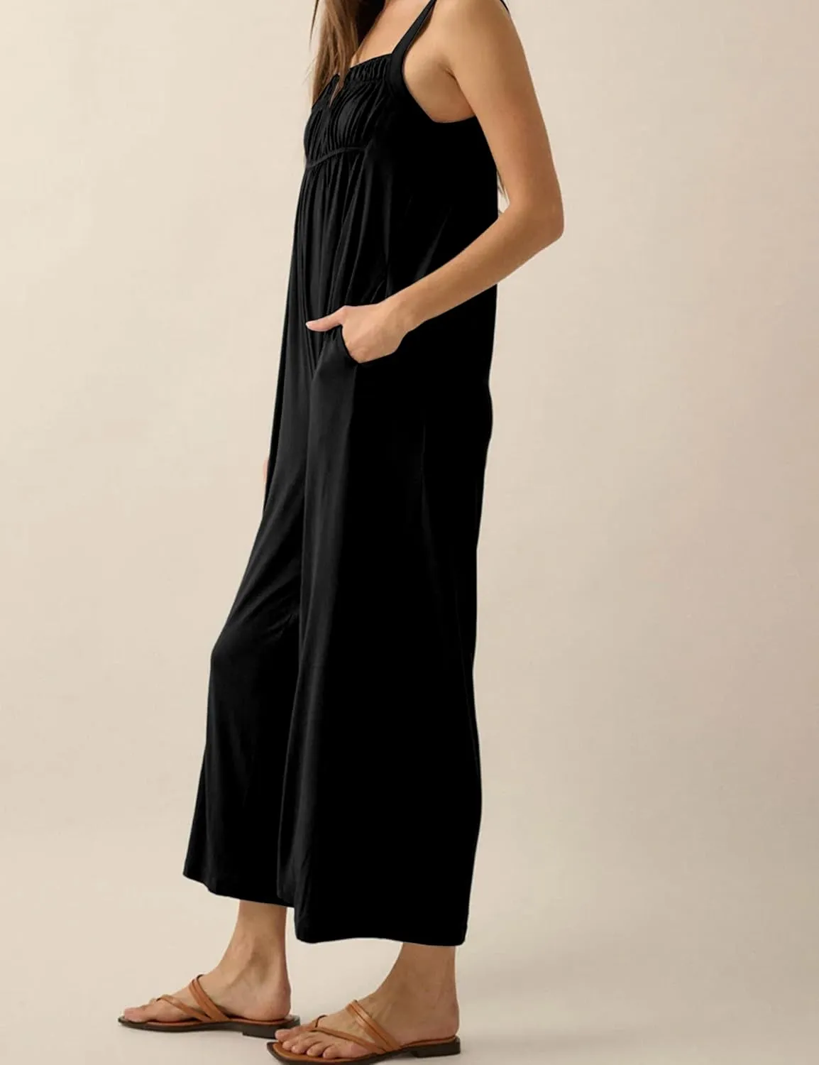 Women's Casual Jumpsuits Sleeveless Stretchy Overalls Wide Leg Long Pant Rompers With Pockets