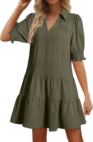 Women's Casual Lapel V-Neck Ruffle Sleeve Pleated Dress Collared Swing Mini Dresses Tiered A Line Dress Trendy