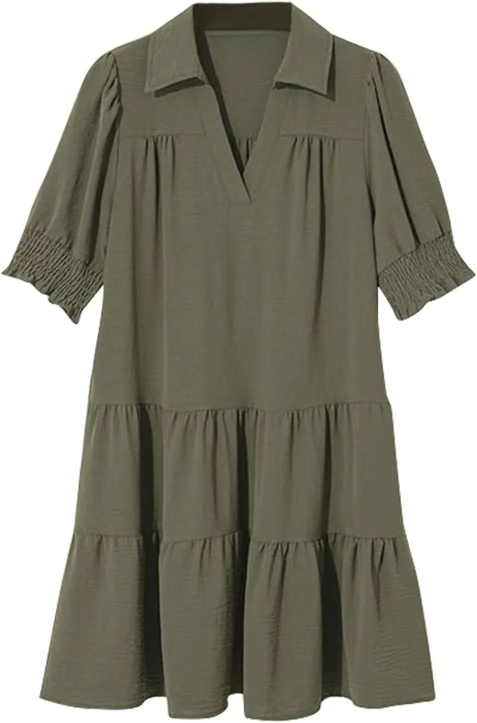 Women's Casual Lapel V-Neck Ruffle Sleeve Pleated Dress Collared Swing Mini Dresses Tiered A Line Dress Trendy