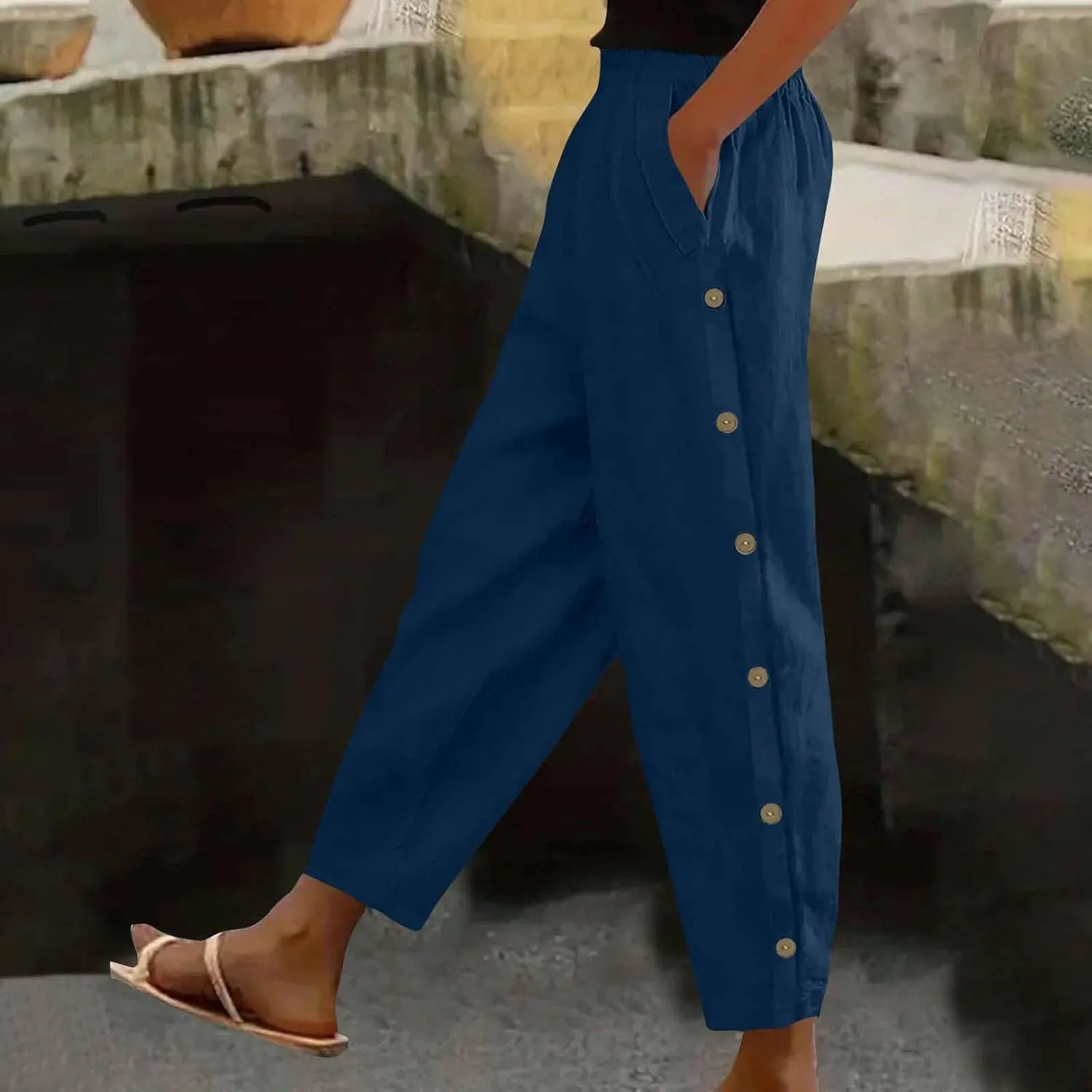 Womens Casual Linen Pants High Waist Pants Summer Boho Beach Pants Lounge Pant Trousers with Pockets Vacation Outfits