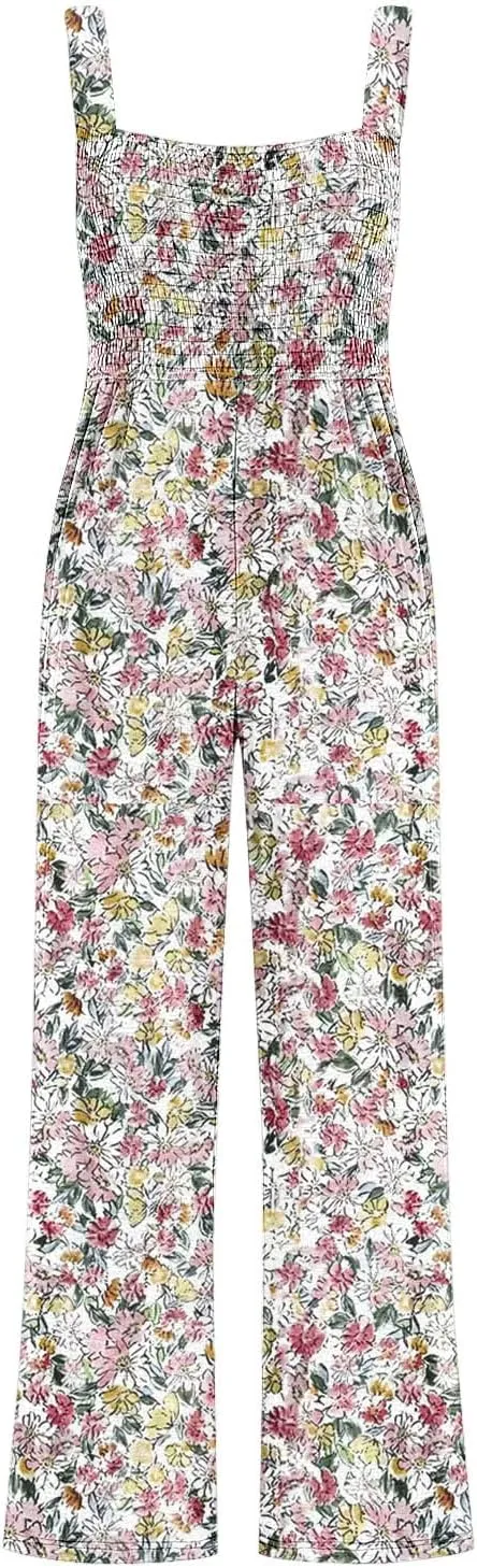Women's Casual Loose Overalls Jumpsuits Sleeveless Boho Floral Wide Leg Long Pant Smocked Rompers with Pockets