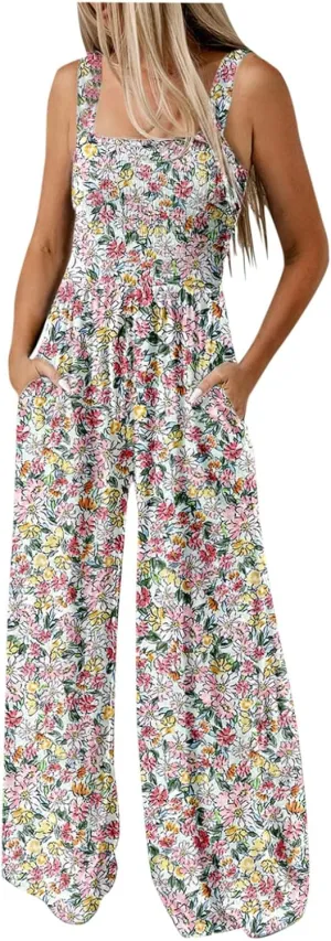 Women's Casual Loose Overalls Jumpsuits Sleeveless Boho Floral Wide Leg Long Pant Smocked Rompers with Pockets