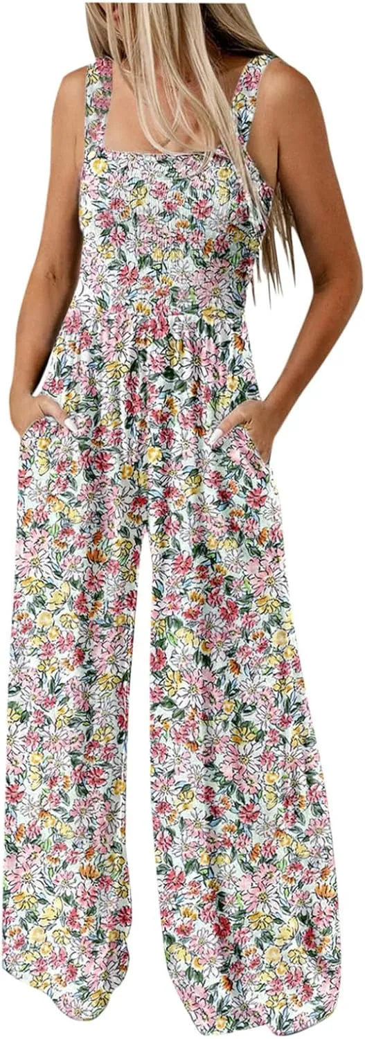 Women's Casual Loose Overalls Jumpsuits Sleeveless Boho Floral Wide Leg Long Pant Smocked Rompers with Pockets