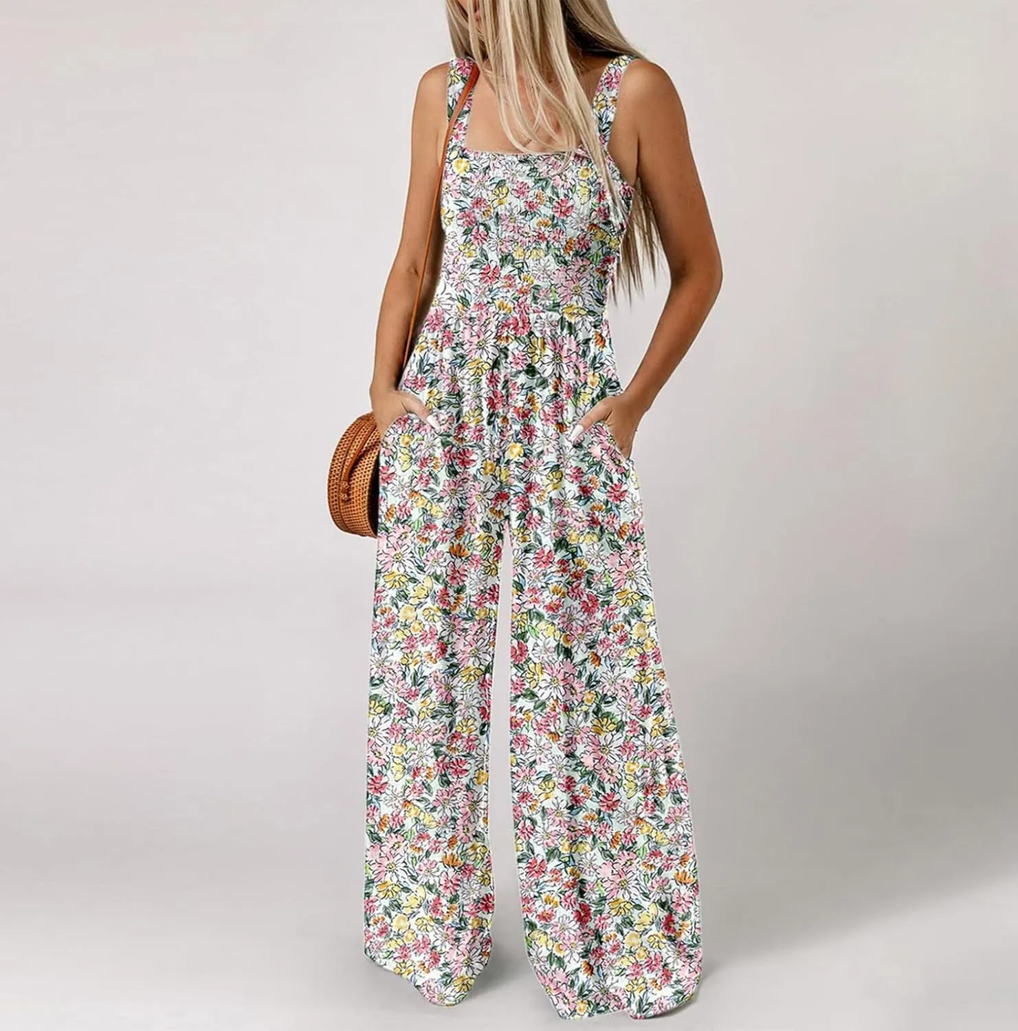 Women's Casual Loose Overalls Jumpsuits Sleeveless Boho Floral Wide Leg Long Pant Smocked Rompers with Pockets