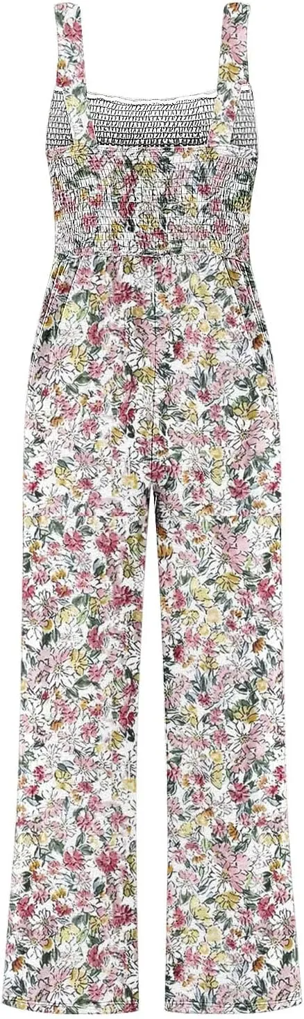 Women's Casual Loose Overalls Jumpsuits Sleeveless Boho Floral Wide Leg Long Pant Smocked Rompers with Pockets