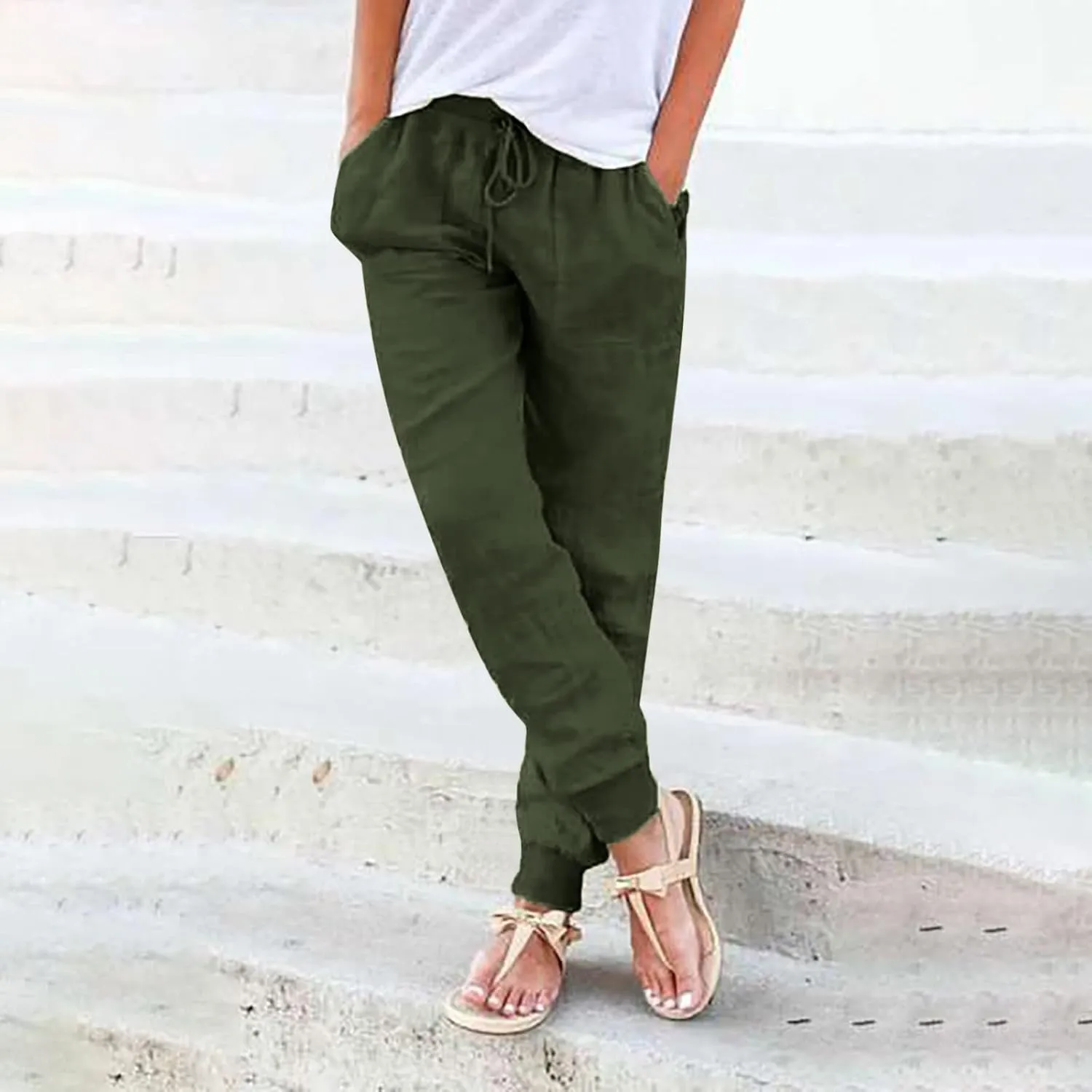 Womens Casual Pants Summer Linen Joggers Straight Leg Comfy Elastic High Waisted Beach Pants Loose Gauze Pants with Pockets