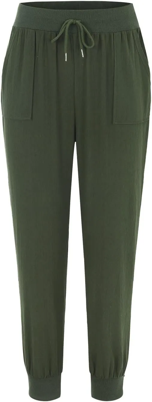 Womens Casual Pants Summer Linen Joggers Straight Leg Comfy Elastic High Waisted Beach Pants Loose Gauze Pants with Pockets