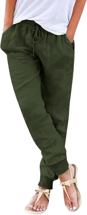 Womens Casual Pants Summer Linen Joggers Straight Leg Comfy Elastic High Waisted Beach Pants Loose Gauze Pants with Pockets