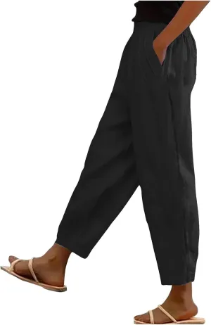 Women's Casual Straight Leg Solid Color Cropped Pants with Pockets Dressy Loose Fit Fashion