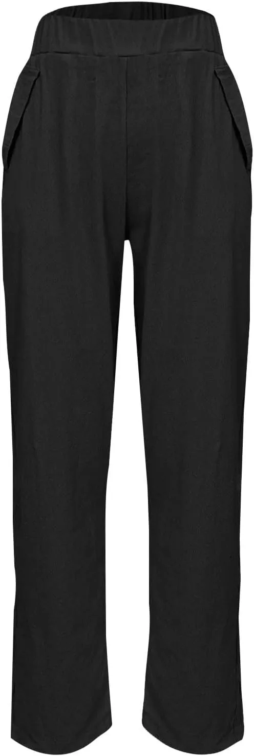 Women's Casual Straight Leg Solid Color Cropped Pants with Pockets Dressy Loose Fit Fashion