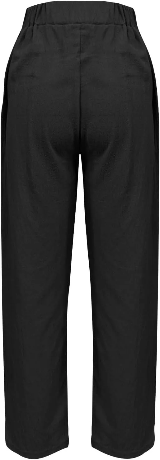 Women's Casual Straight Leg Solid Color Cropped Pants with Pockets Dressy Loose Fit Fashion