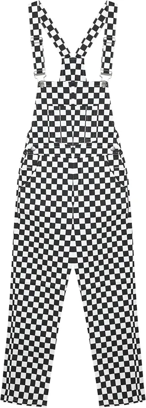 Women's Classic Checkered Bib Overalls Cotton Wide Leg Pants Jumpsuits - Orange & White Plaid