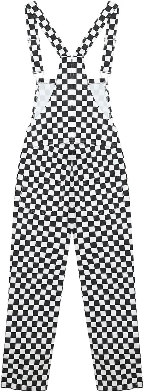 Women's Classic Checkered Bib Overalls Cotton Wide Leg Pants Jumpsuits - Orange & White Plaid