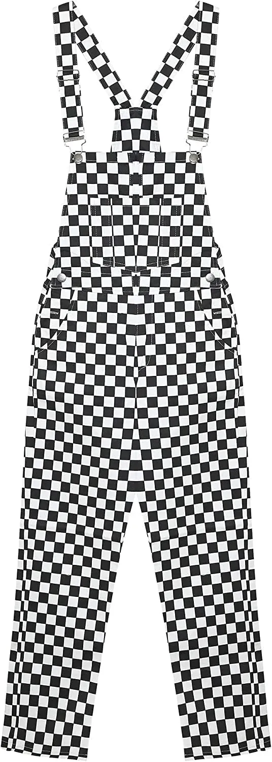 Women's Classic Checkered Bib Overalls Cotton Wide Leg Pants Jumpsuits - Orange & White Plaid