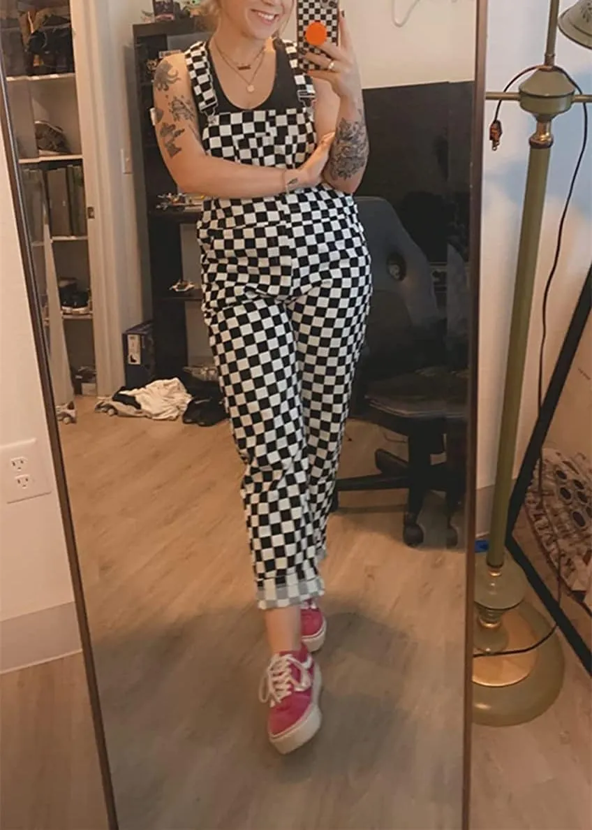 Women's Classic Checkered Bib Overalls Cotton Wide Leg Pants Jumpsuits - Orange & White Plaid