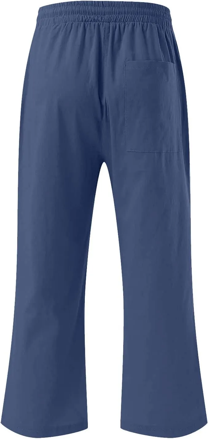 Womens Cotton Linen Capri Pants Casual Summer 2025 Straight Wide Leg Loose Fit Drawstring Elastic Cropped Trousers
