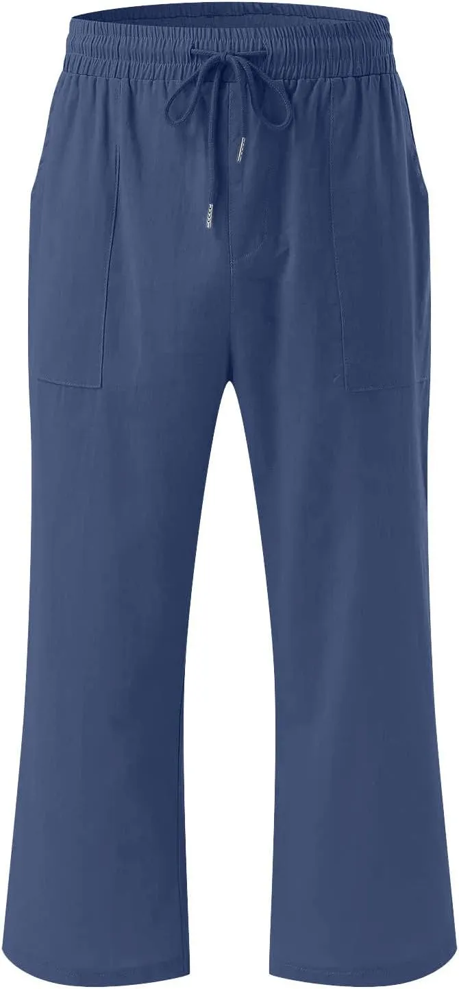 Womens Cotton Linen Capri Pants Casual Summer 2025 Straight Wide Leg Loose Fit Drawstring Elastic Cropped Trousers