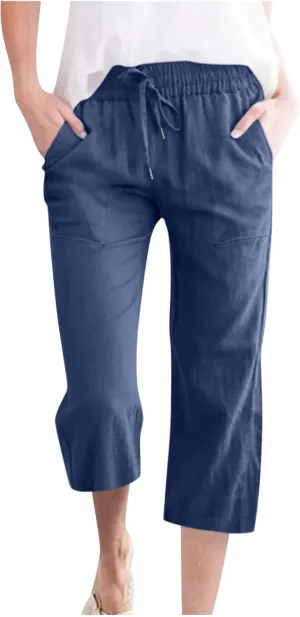 Womens Cotton Linen Capri Pants Casual Summer 2025 Straight Wide Leg Loose Fit Drawstring Elastic Cropped Trousers