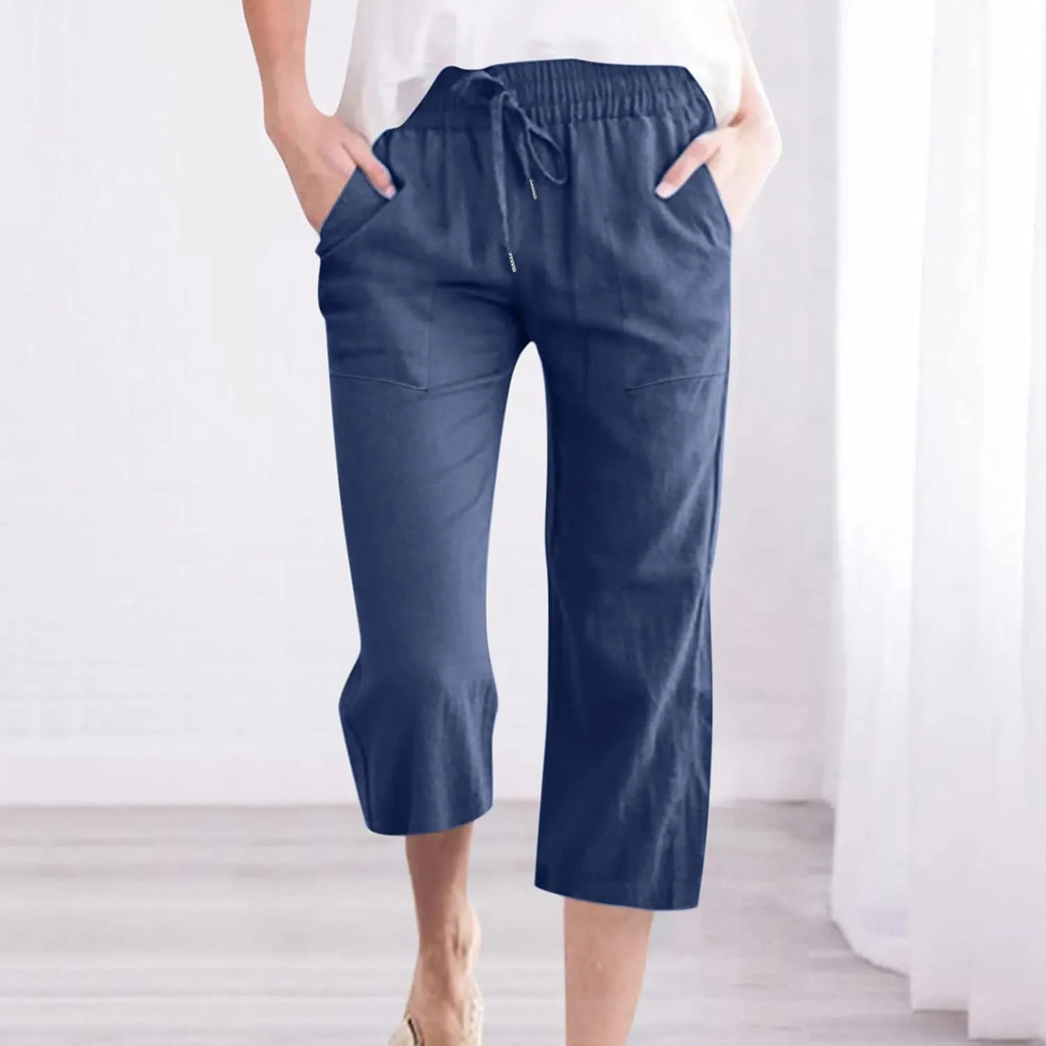 Womens Cotton Linen Capri Pants Casual Summer 2025 Straight Wide Leg Loose Fit Drawstring Elastic Cropped Trousers