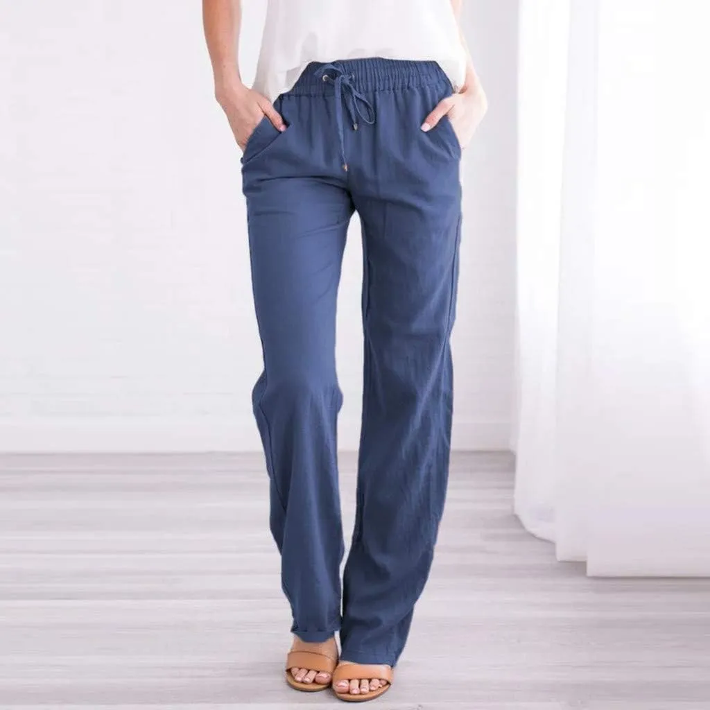 Women's Cotton Linen Drawstring High Waisted Pants Summer Palazzo Pants Casual Loose Fit Wide Leg Trousers with Pockets
