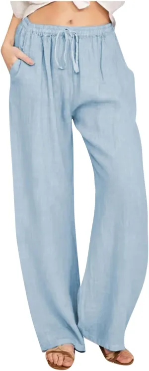Women's Cotton Linen Palazzo Pants Drawstring Wide Leg Trousers High Waist Lightweight Pant Beach Vacation Clothes