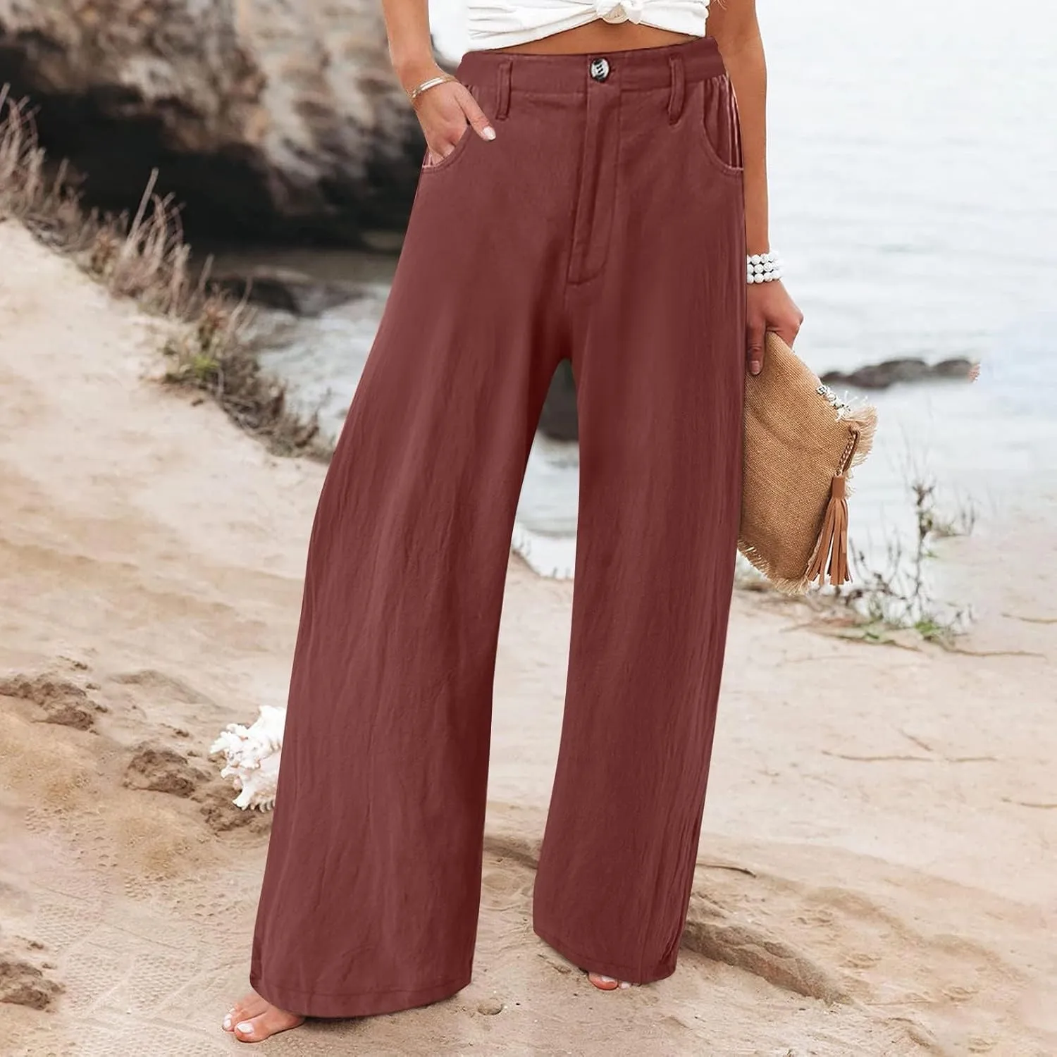 Women's Cotton Linen Palazzo Pants,High Waisted Wide Leg Lounge Trousers Summer Boho Beach Yoga Pants with Pockets