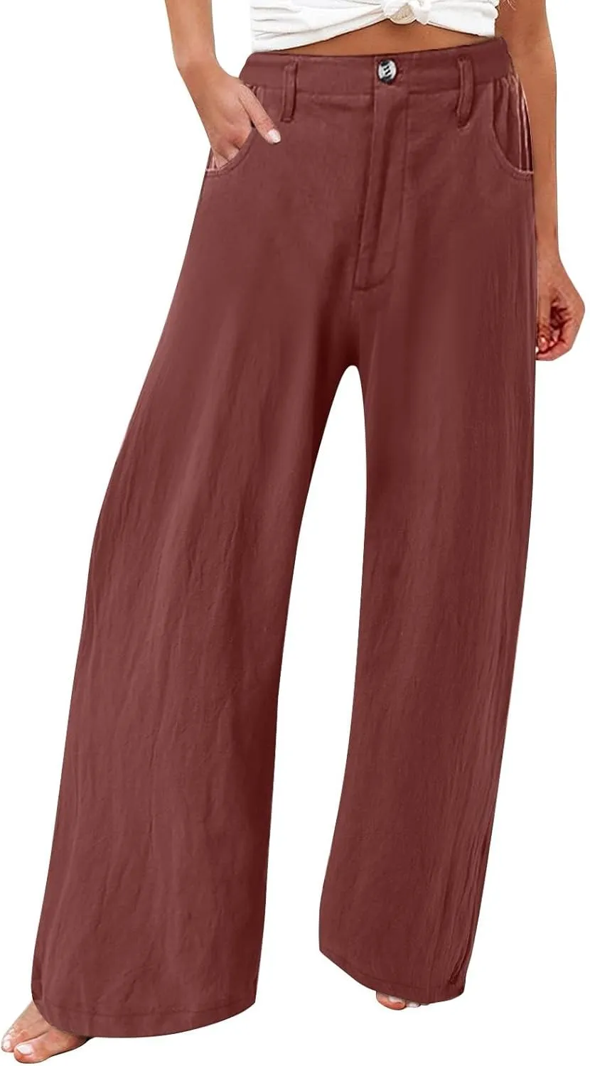 Women's Cotton Linen Palazzo Pants,High Waisted Wide Leg Lounge Trousers Summer Boho Beach Yoga Pants with Pockets
