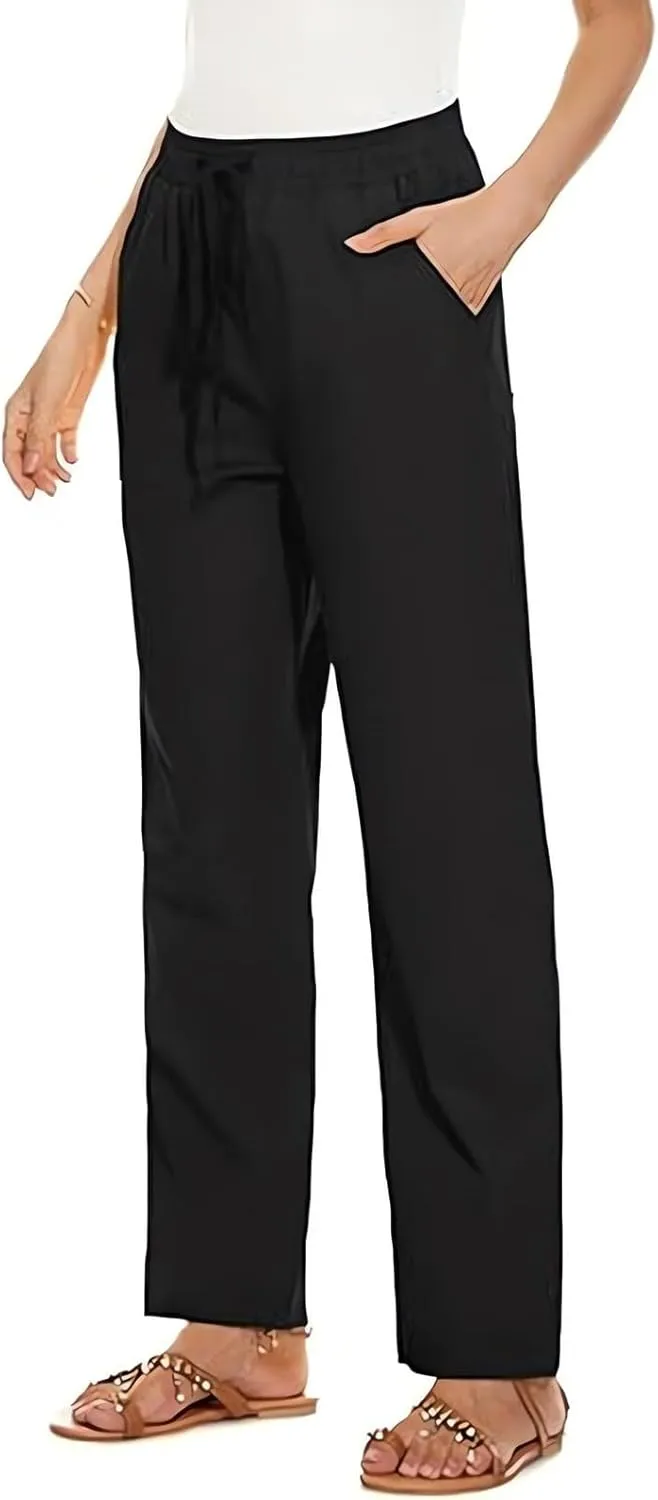 Women's Cotton Linen Pants Casual Summer Elastic Waisted Straight Leg Trousers Loose Beach Cropped Pants with Pockets