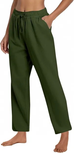 Women's Cotton Linen Pants Casual Summer Elastic Waisted Straight Leg Trousers Loose Beach Cropped Pants with Pockets
