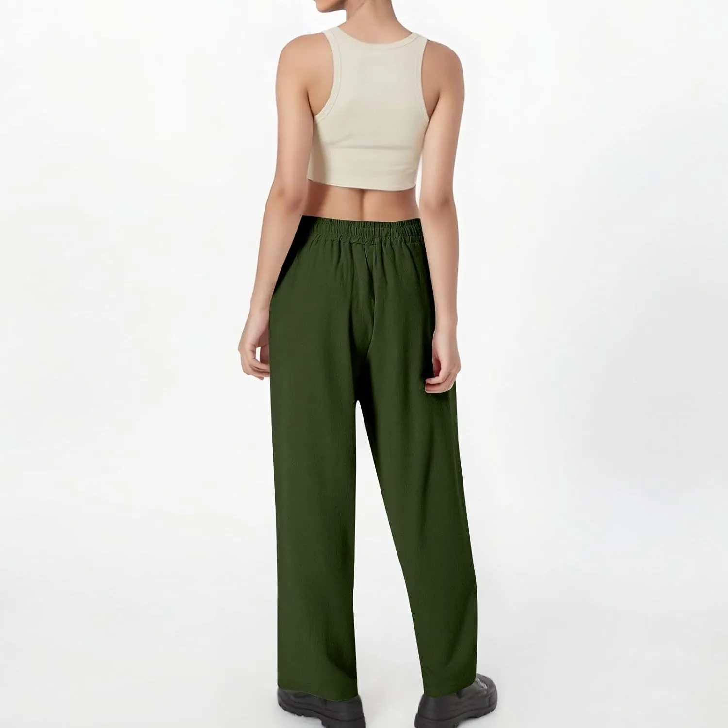 Women's Cotton Linen Pants Casual Summer Elastic Waisted Straight Leg Trousers Loose Beach Cropped Pants with Pockets