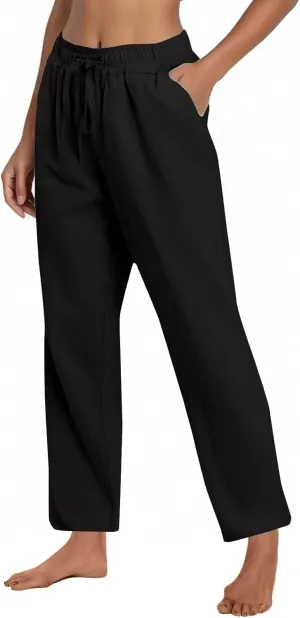 Women's Cotton Linen Pants Casual Summer Elastic Waisted Straight Leg Trousers Loose Beach Cropped Pants with Pockets