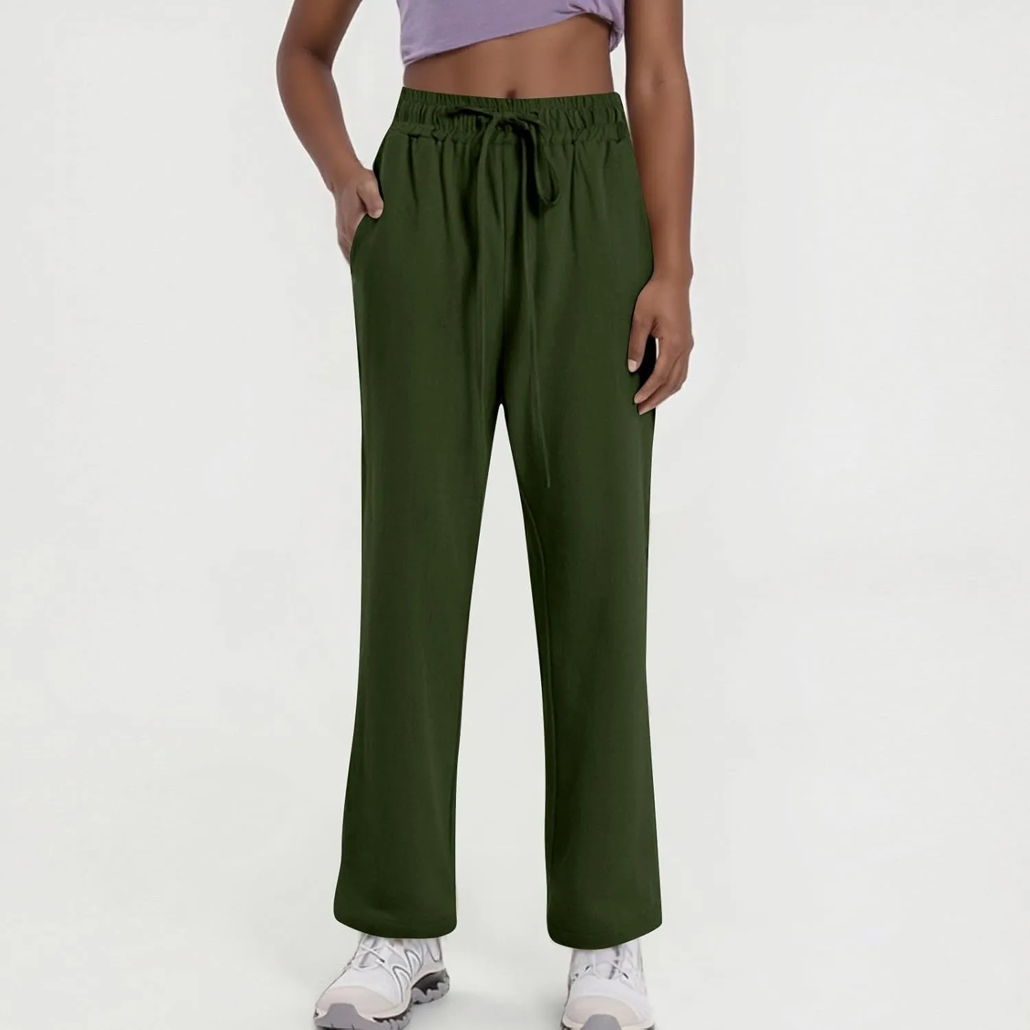Women's Cotton Linen Pants Casual Summer Elastic Waisted Straight Leg Trousers Loose Beach Cropped Pants with Pockets
