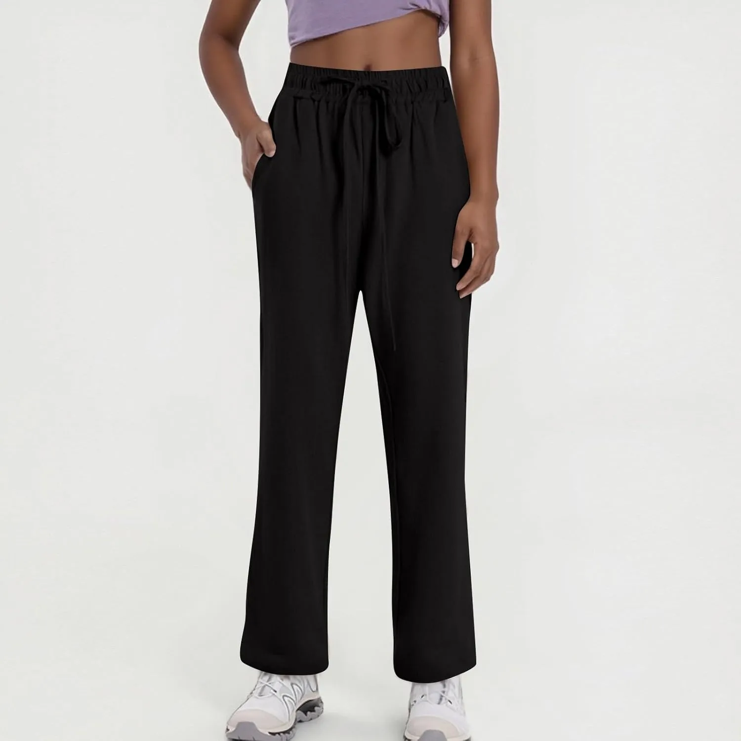 Women's Cotton Linen Pants Casual Summer Elastic Waisted Straight Leg Trousers Loose Beach Cropped Pants with Pockets