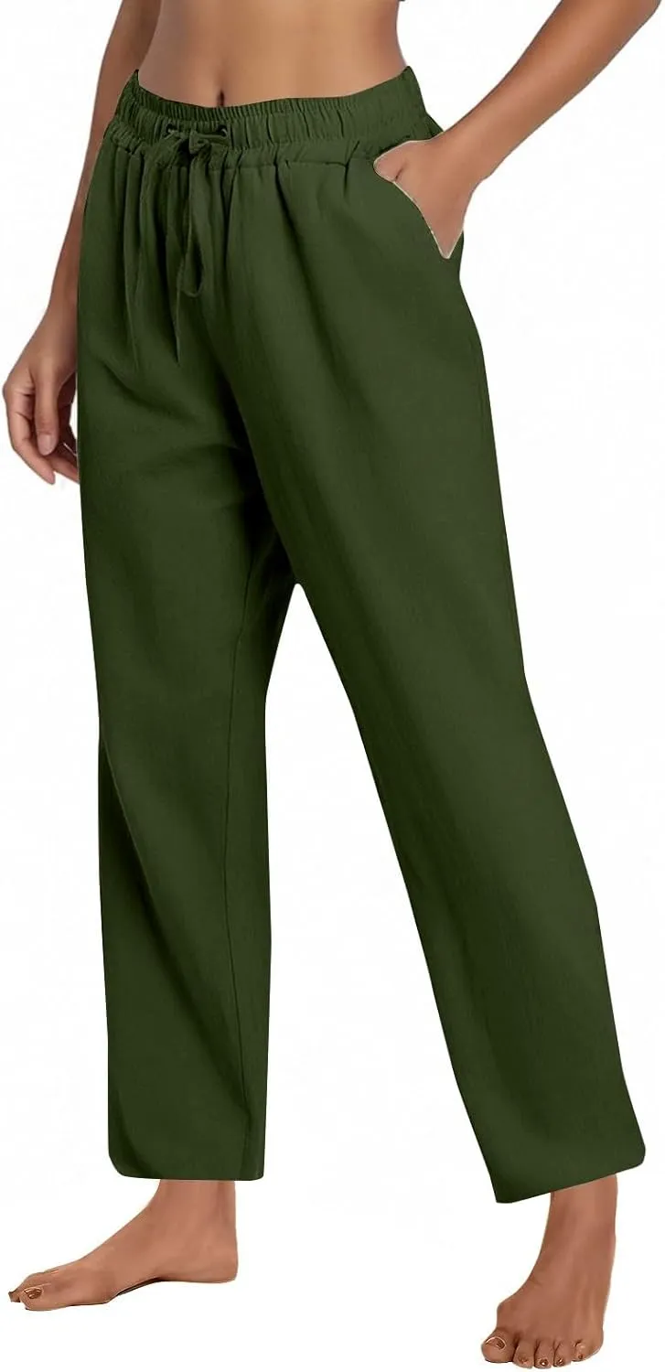Women's Cotton Linen Pants Casual Summer Elastic Waisted Straight Leg Trousers Loose Beach Cropped Pants with Pockets