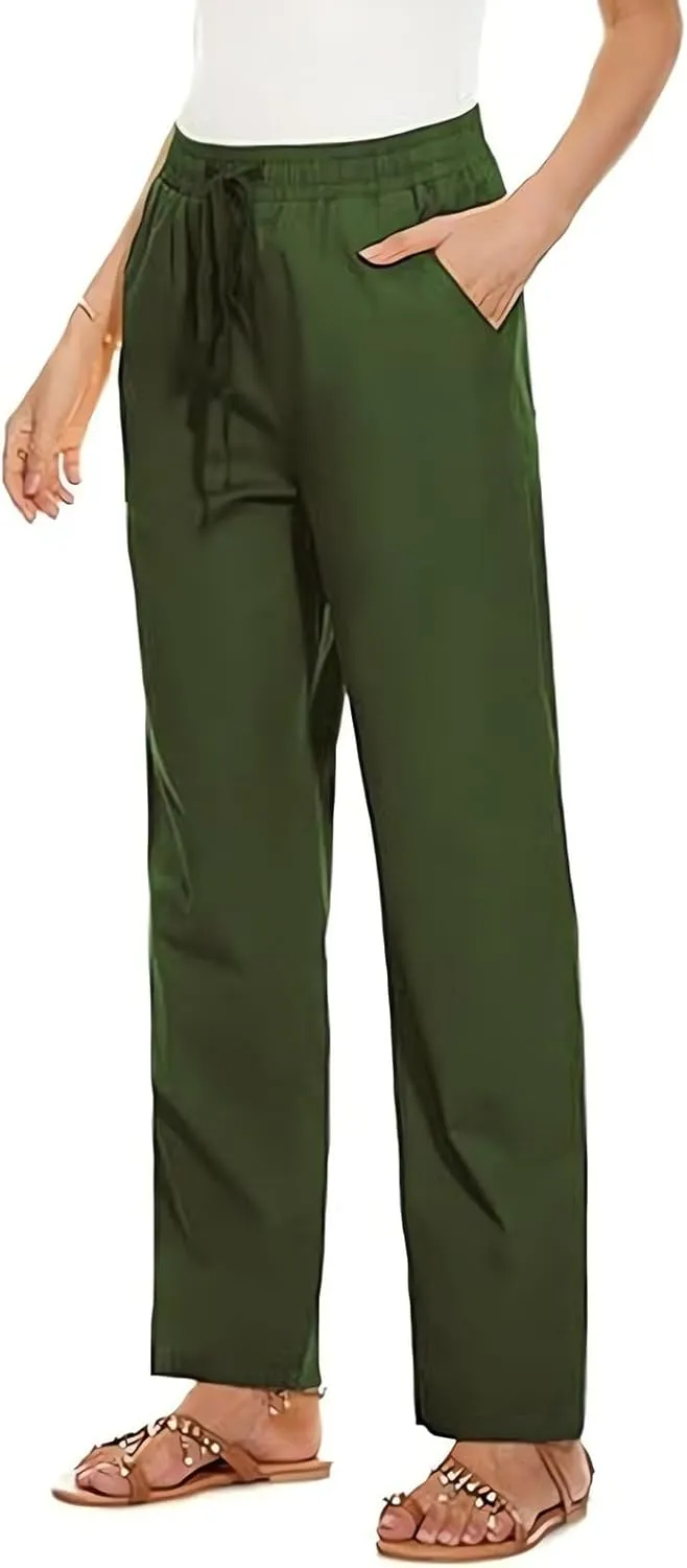 Women's Cotton Linen Pants Casual Summer Elastic Waisted Straight Leg Trousers Loose Beach Cropped Pants with Pockets