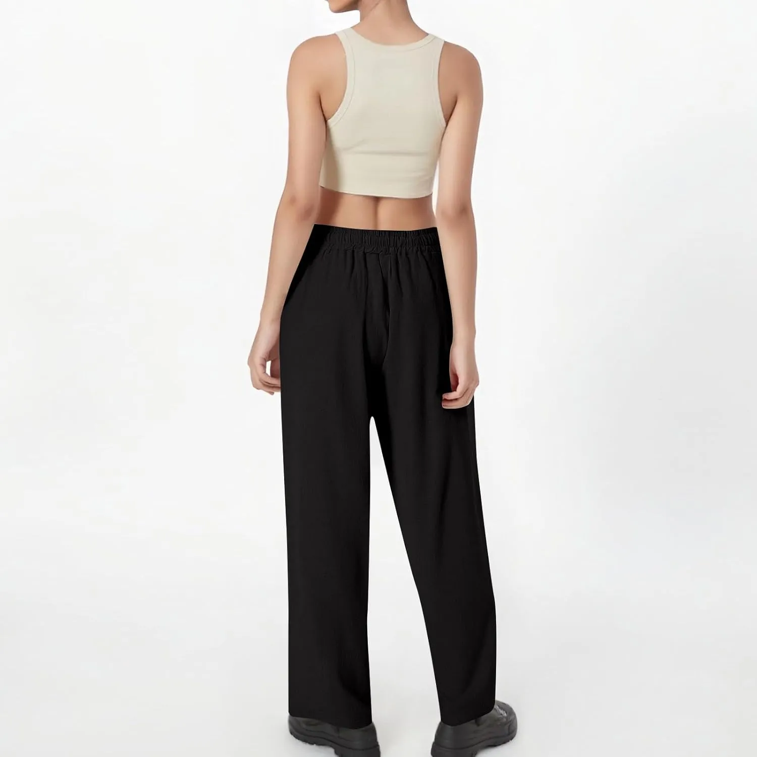 Women's Cotton Linen Pants Casual Summer Elastic Waisted Straight Leg Trousers Loose Beach Cropped Pants with Pockets