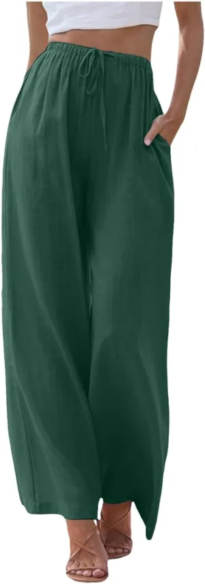 Womens Cotton Linen Wide Leg Pants Palazzo Flowy Pants Summer Elastic High Waist Beach Pants Comfy Pants with Pockets