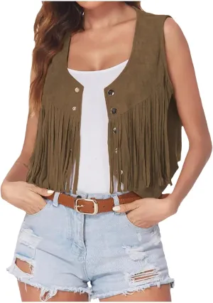 Womens Crop Vest Jacket Faux Suede Tassel Button Cardigan Coat Cowgirls 70s Hippie Cool Sleeveless Open Front Vest